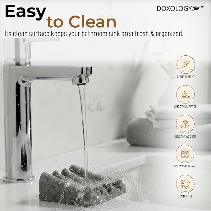 DOXOLOGY Gray Stone Marble Soap Dish Bathroom Organizer - Resin Soap Dish with Rectangular Design 3.7" L x 2.8" W - Self Draining Soap Dishes Keeps Countertop Neat - Marble Look Soap Tray for Sink