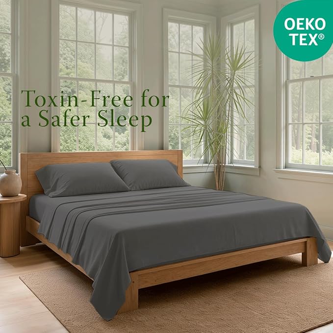 Threadmill 100% Organic Cotton Twin Sheet Set - GOTS Certified, 3 Piece, Dark Grey - Soft and Breathable Sheets with All-Round Elastic Deep Pocket for Snug Fit, Healthy Bedding Set