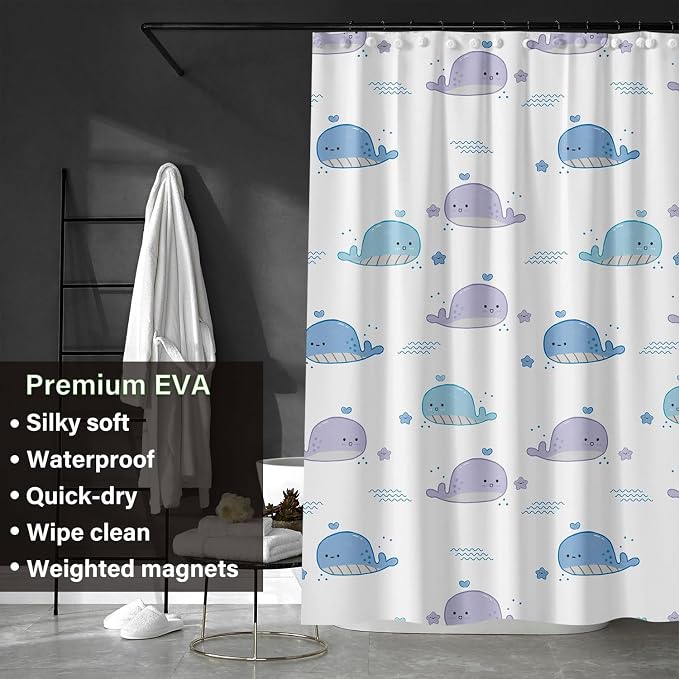 Plastic Shower Liner - Premium EVA 5G Shower Curtain Liner with Rustproof Grommets and 3 Weighted Magnets, Waterproof Shower Curtains for Bathroom (Baby Whale, 72" x 72")