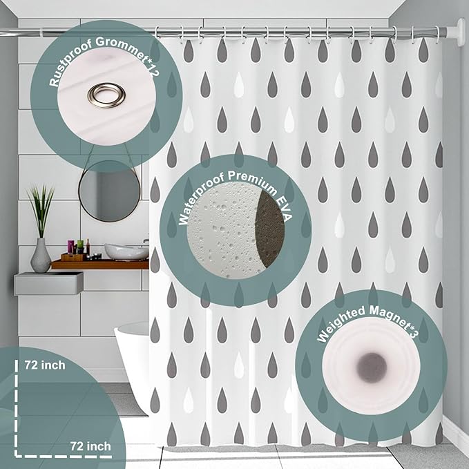Plastic Shower Curtain Liner, Premium EVA 6G Raindrop Shower Curtain, Shower Curtains for Bathroom with 3 Magnetic Weights and Rustproof Grommets (Raindrops, 72x72 in)