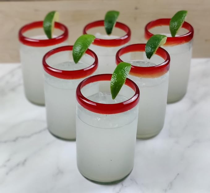 Dos Sueños Hand Blown Mexican Drinking Glasses - Set of 6 Glasses with Red Rims (14 oz each)