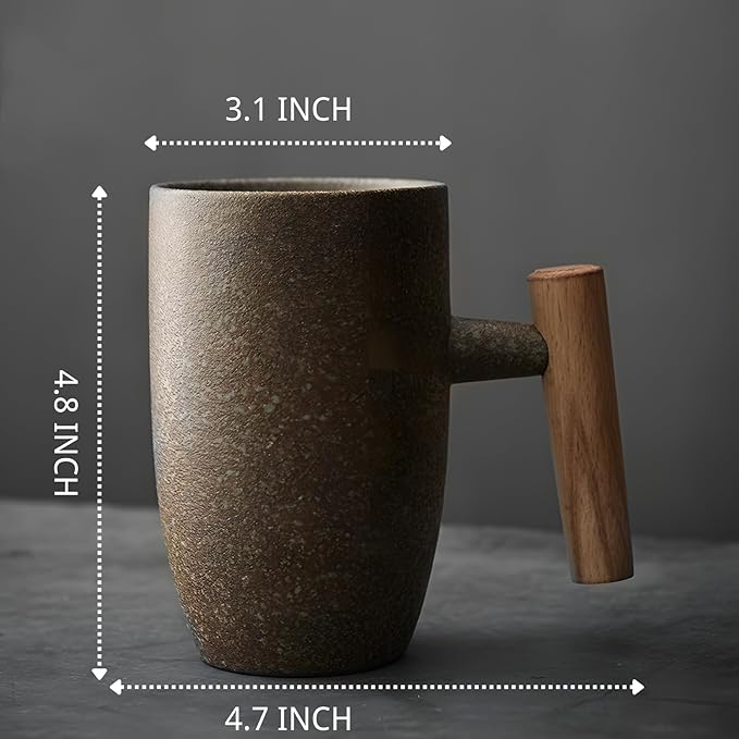 Hippo Family Vintage Ceramic Mug with Wooden Handle, 12oz, Rustic Matte Ceramic Glaze,Japanese Style (Stone)