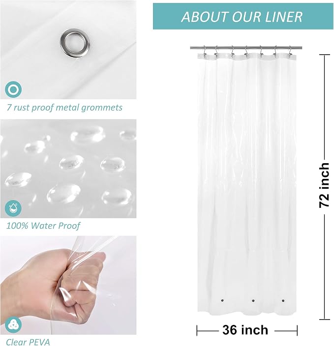 Mrs Awesome Small Stall Shower Curtain Liner 36 x 72 inch, PEVA 8G Thick & Heavy Duty, 3 Bottom Magnets, Waterproof, 36x72, Clear