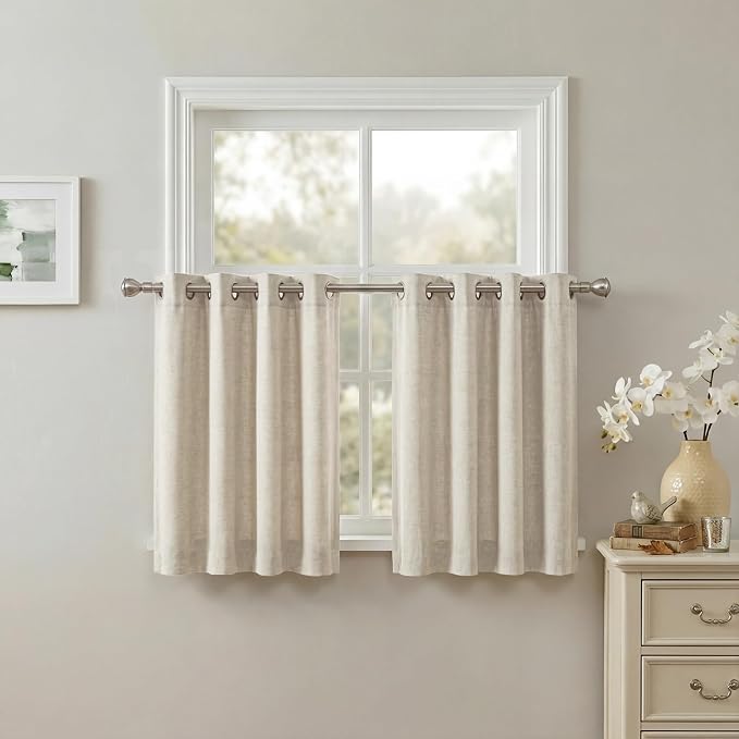 NICETOWN Beige Linen Curtains 30 Inches Long, Farmhouse Semi Sheer Light Filtering Kitchen Panels Grommet Small Short Drapes for Basement/Window/Loft Room, 2 Panels, 34 x 30 Inch