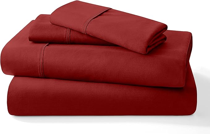 Pure 100% Certified Organic Cotton Bed Sheet Set 1000 Thread Count, 4 Piece Bedding Set, 24" Extra DEEP Pocket, Crisp and Cooling Sateen Weave, Eco-Friendly -(Burgundy, Short Queen)