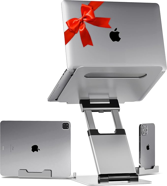 Lifelong 20" Tall Adjustable Laptop Stand with Phone & Tablet Holder | Ergonomic Aluminum Laptop Riser, Portable Foldable Computer Stand, Fits 10-17” Laptops for Desk