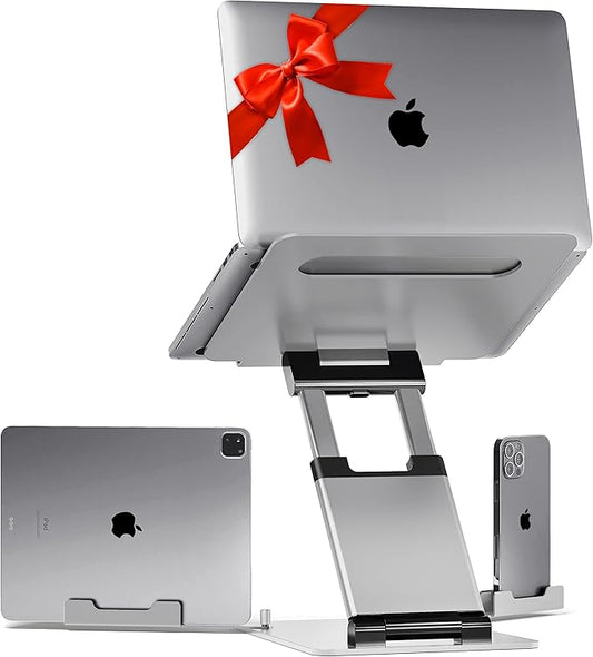 Lifelong 20" Tall Adjustable Laptop Stand with Phone & Tablet Holder | Ergonomic Aluminum Laptop Riser, Portable Foldable Computer Stand, Fits 10-17” Laptops for Desk