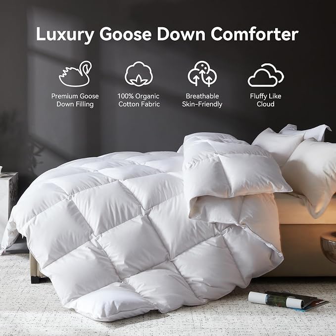 L LOVSOUL Goose Feather Down Fiber Comforter Twin Size, 100% Organic Cotton Fabric Duvet Insert,1200TC,750+Fill Power, Hotel Collection, All Season White Bedding Comforters with 8 Tabs
