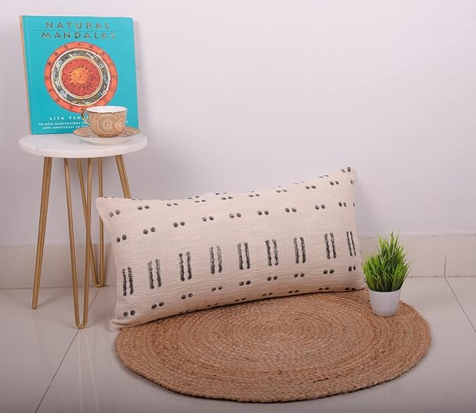 Trade Star Lumbar Pillow Case 100% Cotton Throw Pillow Cover Mudcloth Large Pillow for Living Room Handwoven Modern Boho Couch Bedroom Sofa Decoration Fall Decor Case (Ivory Blossom 12X24 INCH)
