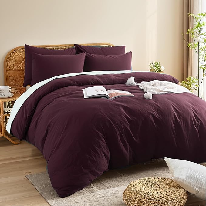 NEXHOME PRO Duvet Cover Set 100% Washed Cotton Super Queen, Linen Feel 3 PCs Home Bedding Set with Zipper Closure,Breathable, Organic Natural Duvet Cover 9098
