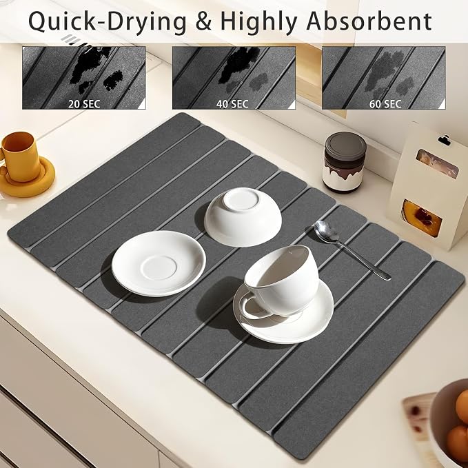 Large Stone Dish Drying Mat for Kitchen Counter, 24"×16" Absorbent Foldable Water Absorbing Mat, Diatomaceous Earth Quick Drying Pad for Dishes Bottles, Cups and Utensils, Dark Gray