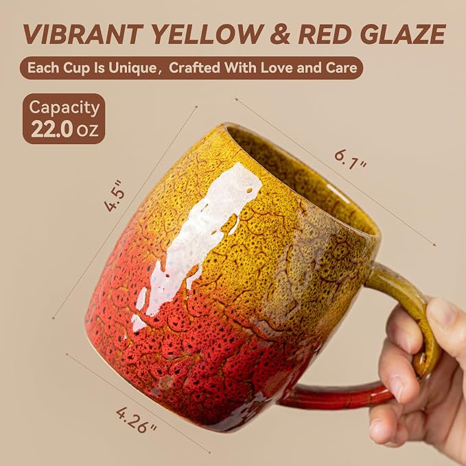 Handmade 22oz Ceramic Coffee Mug, Ergonomic Large Handle, Ideal Gift for Coffee Lovers, Microwave & Dishwasher Safe (Bas-Relief - Yellow&Red)