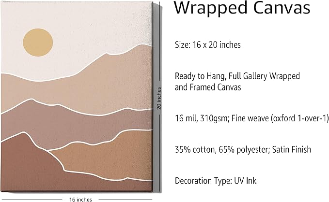 Abstract Mountain Landscape Wrapped Canvas Wall Art Sun Rolling Hills Earth Tones Terracotta 16x20 Inch Gallery Stretched Mid Century Modern Nature Home Art