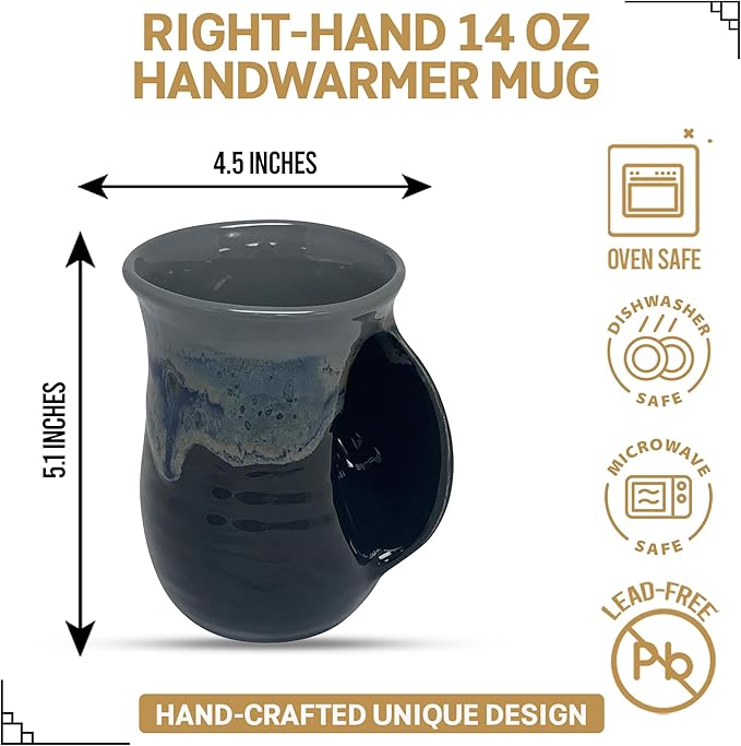 Clay in Motion Hand Warmer Coffee Mug – Handmade Coffee Mug With Comfortable Handle Contoured Pocket Hand Warming Ceramic Coffee Mug – Proudly Made in USA – Right Handed – 14 Oz - Stormy Night