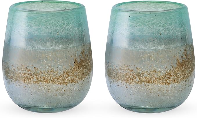 Segunda Vida Playa Bonita Hand Blown Wine Glasses, Recycled Mexican Glassware with Coastal Inspired Sea Blue and Sand Design, Stemless Drinking Glasses for Wedding Gifts, Wine Lovers, 13 oz Set of 2