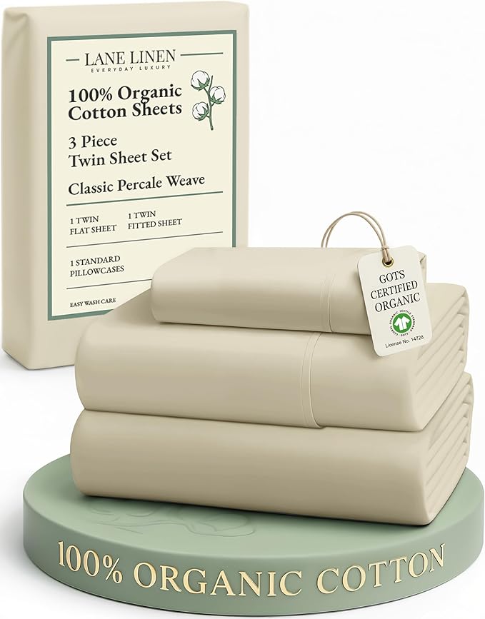 LANE LINEN 100% Organic Cotton Twin Size Bed Sheets, Fully Elasticized Mercerised Cotton Bed Sheet Set, Soft & Comfy Low Pill Face Resistant Bedding Sheets & Pillowcase Set- Linen