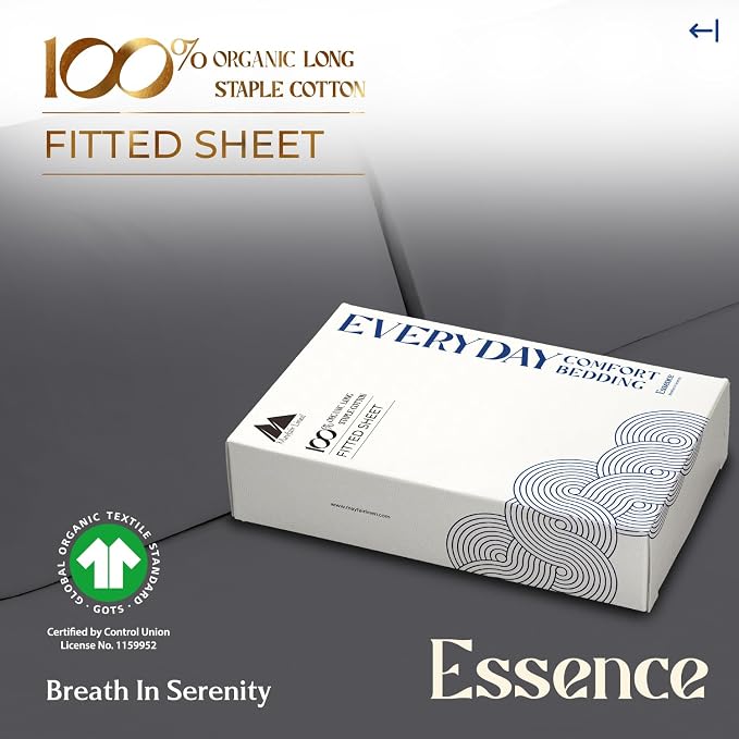 Mayfair Linen 100% Organic Cotton Percale Weave Fitted Sheet Twin XL Size, Dark Grey, 1 Deep Pocket Twin XL Fitted Sheet, Fits Mattress Upto 16" Crisp and Cool Bed Linen, Luxury GOTS Certified Sheets