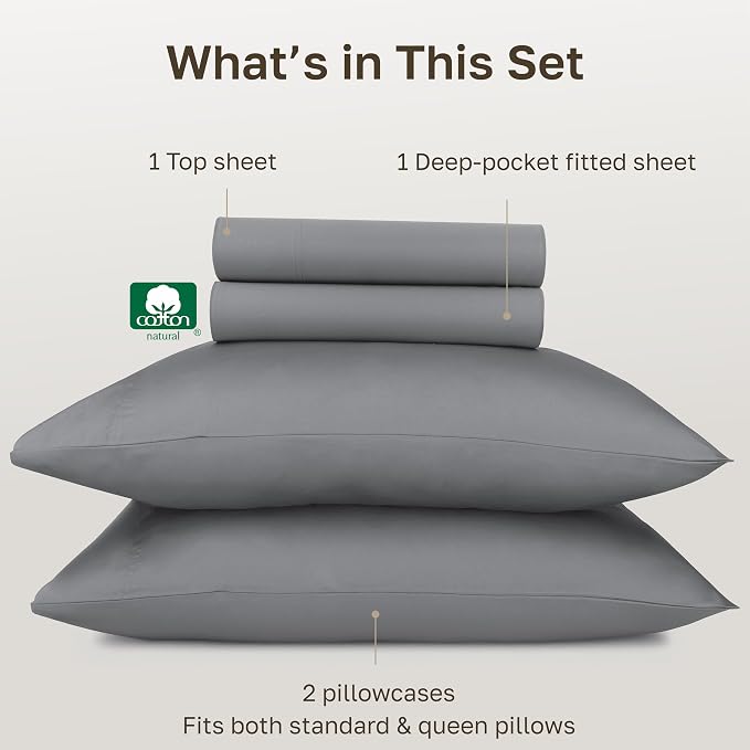 California Design Den Queen Sheet Set - Certified 100% Egyptian Cotton Sheets Queen Size, Soft Sateen, Deep Pockets, Durable Bedding - Ultimate Grey