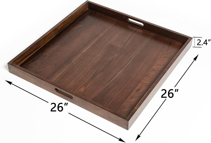26 x 26 inches Large Square Solid Black Walnut Wooden Serving Tray Oversized Ottoman Table Platter Decorative Tray with Handle for Home Breakfast in Bed Tea Coffee