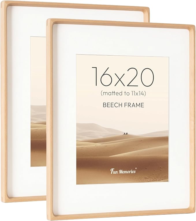 16 x 20 Picture Frame, USA-Sourced Beech Wood Photo Frames with HD Tempered Glass, Handcrafted Rounded Corner 16x20 Wooden Frames Matted to 11x14 Photos, Horizontal or Vertical Wall Display, 2 Pack
