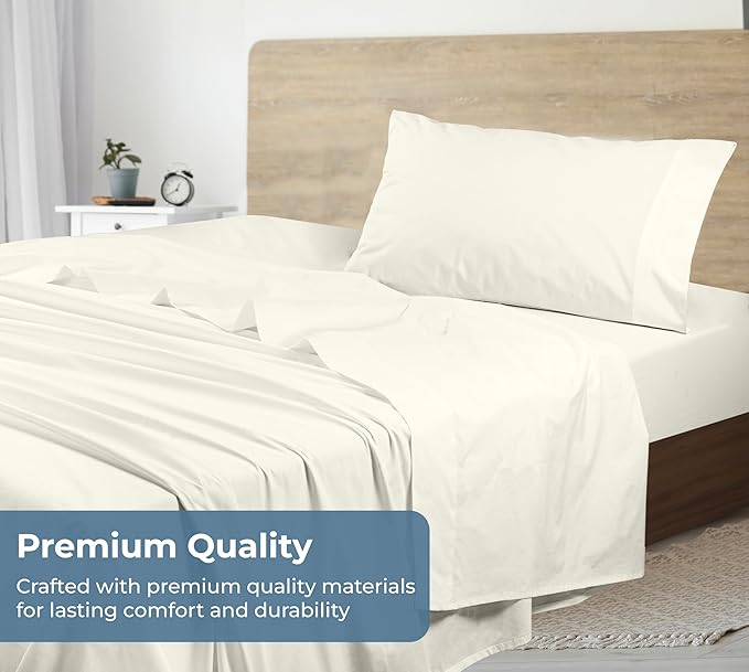 ROYALE LINENS 100% Organic Cotton Twin XL Sheet Set - Percale Weave - 3 Pieces Set - 1 Flat, 1 Deep Pocket Fitted Sheet and 1 Pillowcases - Ivory Bed Sheets - Sábanas Twin XL - Crisp Cool (Ivory)