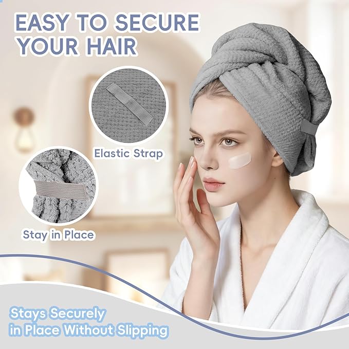 Large Microfiber Hair Towel for Women, Super Soft Absorbent Quick Dry Hair Towel Wrap with Elastic Band, Fast Drying Anti Frizz Hair Turban for Curly Long Thick Wet Hair Care 24''x40'' (Grey)