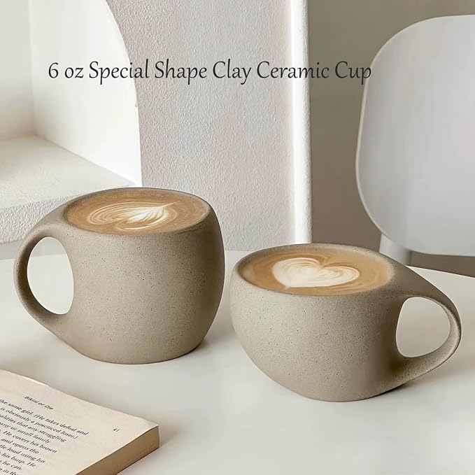 6 oz Clay Cup and Wood Saucer Set of 1, Ceramic Coffee Latte Art Mug With Saucer, Cafe Cups for Cappuccino, Espresso, Coffee, Tea, Porcelain Set for Baristas, Great Gift