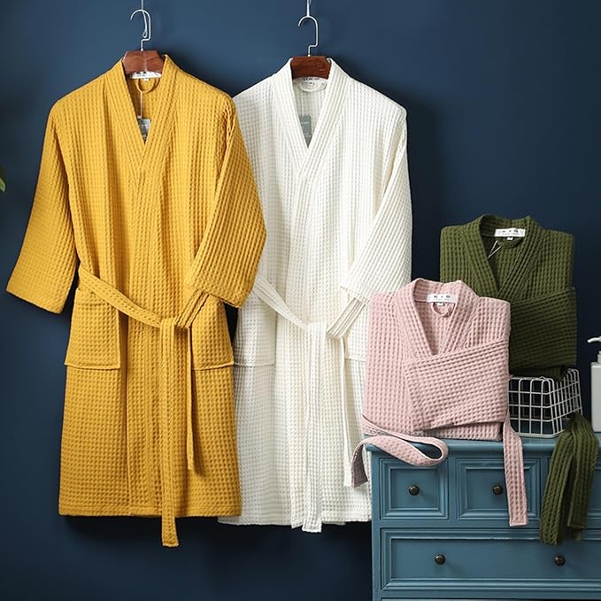 Men and Women 100% Cotton Waffle Bathrobe,Lightweight Soft Absorbent Kimono Robe,Couple Dressing Gowns Housecoat