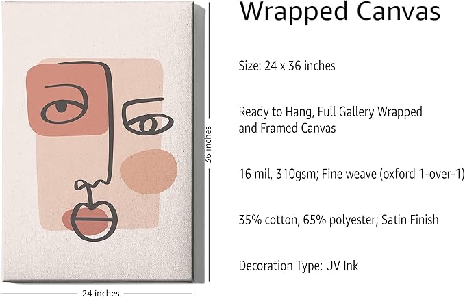 Y2K BOO Abstract Face Wrapped Canvas Wall Art Continuous Line Drawing Organic Shapes Earth Tones Terracotta 24x36 Inch Gallery Stretched Modern Home Wall Art