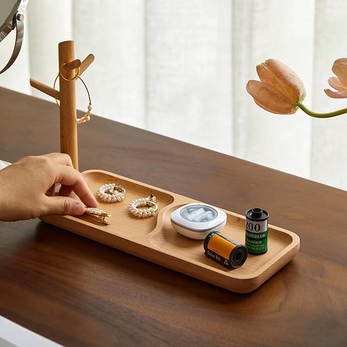 Solid Beech Wood Key Tray and Bowl for Entryway Table - Smooth Polished Branch-Shaped Organizer With Hooks for Keys, Wallet, Jewelry, Glasses (Beech, Rectangle)