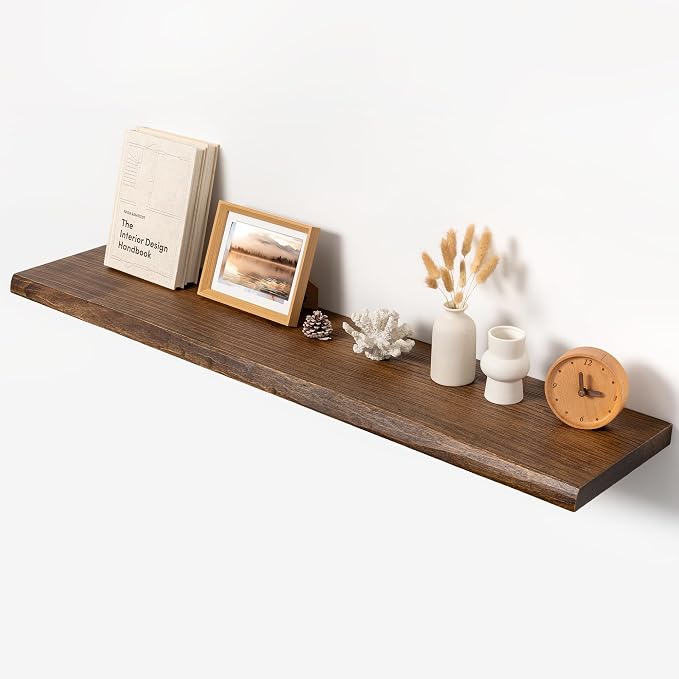 48" Live Edge Floating Shelf, Solid Elm Wood Wall Shelf | 1.4" Extra Thick, 9.3" Deep, FSC Certified Vintage Weathered Finish, Ideal Fireplace Mantel for Home Decor
