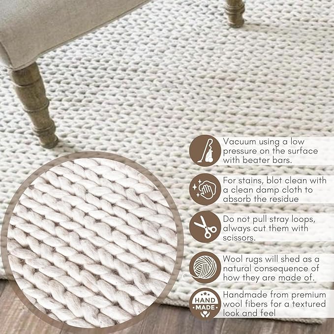 FRELISH DECOR Wool Cotton Premium Hand Woven Braided Chunky Cable Rug - Contemporary Throw Rug for Kitchen Bedroom Nursery Entryway (3' x 5' - Ivory)