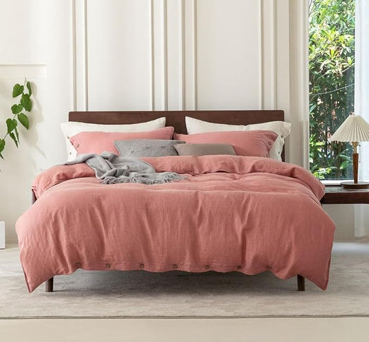 EVERLY 100% Pure Linen Duvet Cover Set Twin Size 68X90Inch 3pcs (1 Duvet Cover,1Pillowcases) Soft and Breathable for All Season with Coconut Button Closure, Suitable for Hot Sleepers-Twin-Pink