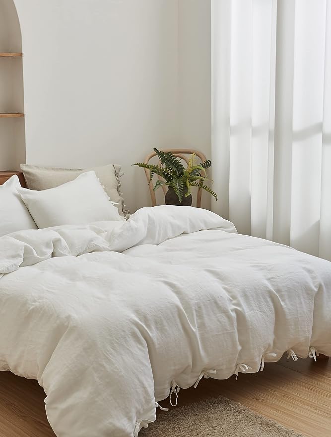 Simple&Opulence 100% Linen Duvet Cover Set 3pcs with Bowknot Ties Closure Natural French Washed Flax Solid Color Soft Breathable Farmhouse Bedding - White, Queen Size