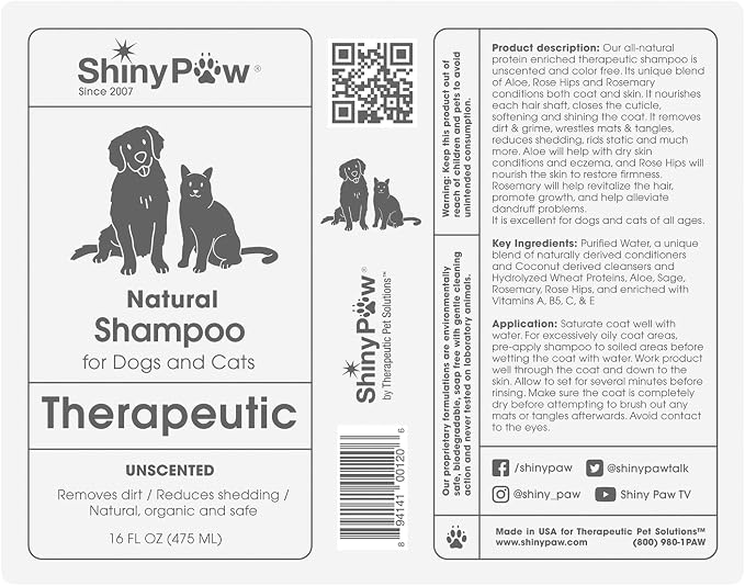 Unscented Dog Shampoo for Sensitive Skin by Shiny Paw 16 oz | Hypoallergenic Tearless Dog Shampoo Itchy Skin Relief | Dandruff Free | Made in USA