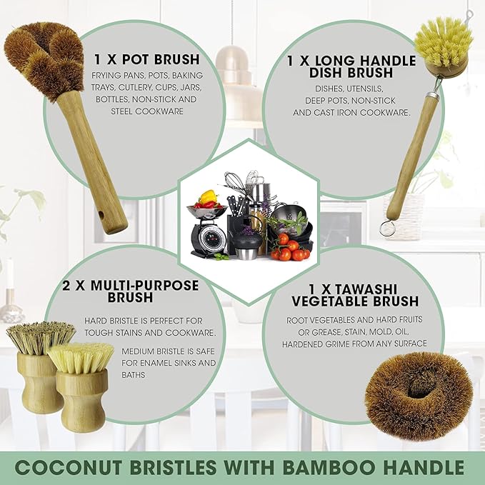 5 Pieces Bamboo Dish Brush Set for Eco-Friendly Home - Wooden Dish Scrubbers, Sustainable Kitchen Cleaning Set, Natural Bristle Dish Brushes for Pots Pans Bottles