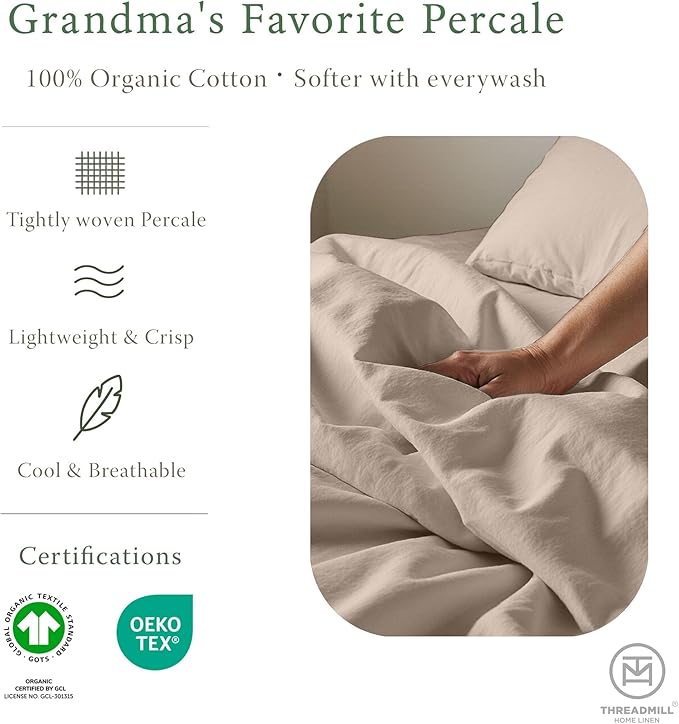Threadmill 100% Organic Cotton Sheets - Queen, 4 Piece, Beige - Certified by GOTS - Soft and Cooling Bedsheet Set with Reusable Bag, Snug Fit with 16" Deep Pocket - Ultra Light