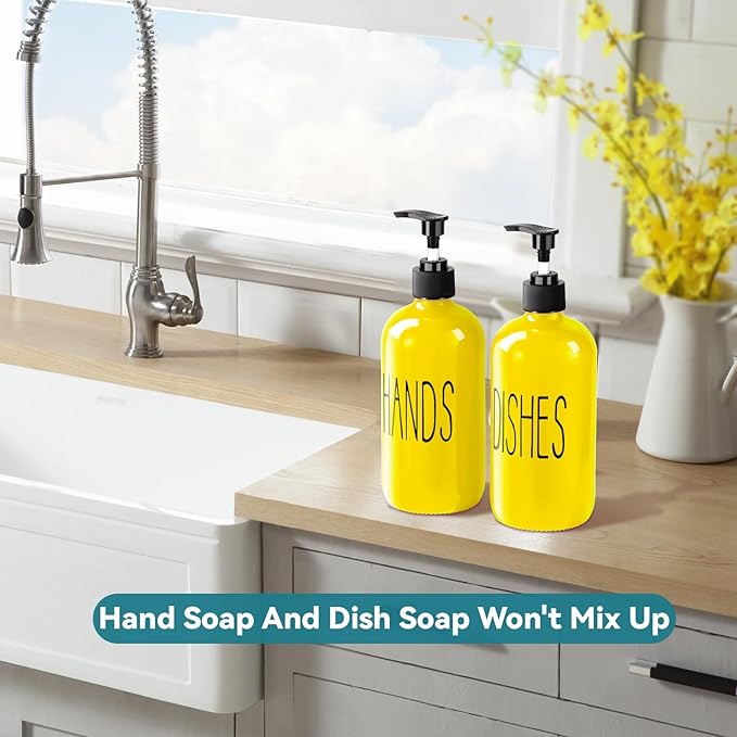 COHOSEGE Glass Soap Dispenser Set 2 Pack,16 Oz Dish Soap Dispenser for Kitchen Sink,Lemon Kitchen Decor and Accessories,Yellow Decorations and Kitchen Utensils for Kitchen
