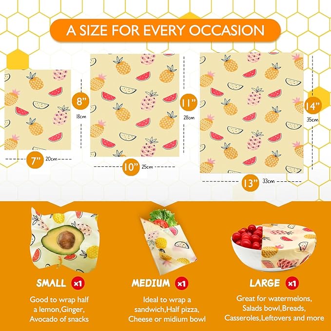 Organic Beeswax Wraps - Reusable Food Wrap for Sandwiches, Bread & Cheese | Bee Wrap with multifunctional brush, 3 Sizes Plastic-Free (Multipack)