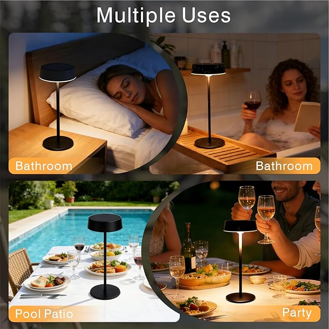 Solar Table Lamp, Rechargeable Outdoor Lamps for Patio Waterproof 3 Color Dimmable, Solar Lamp for Outdoor, Bedroom, Garden, Camping, Bathroom (Black)