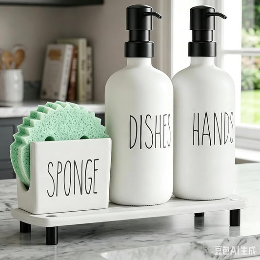 Cisily Kitchen Soap Dispenser Set Comes with Ceramics Sponge Holder, Gold Pumps, and Instant Dry Tray, Hand and Dish Soap Dispenser Set (4, Black + White + Sponge Holder)