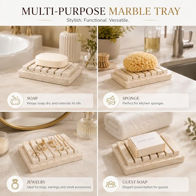 Creative Home 2-Piece Natural Champagne Marble Soap Dish Set with Elevated Slotted Tray, Luxury Bathroom Soap Holder for Vanity, Kitchen Sink & Spa Countertop