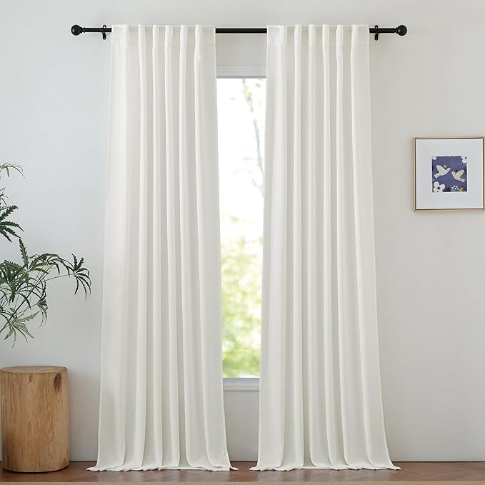 NICETOWN Sheer Ivory Curtains 96 inches Long, Rod Pocket & Back Tab Semi Sheer Faux Linen Blend Privacy Semitransparent with Light Filtering Bedroom/Living Room, W52 x L96, Ivory, 2 Panels