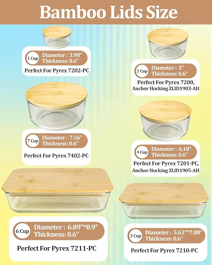 Replacement Wooden Lids for Pyrex, Anchor Hocking Glass Containers, Bamboo Lids for Pyrex Glass Bowls, Bowl Covers with Leakproof Silicone Gasket 1CUP*1+2CUP*2+4CUP*2+7CUP*1+3CUP*2+6CUP*1