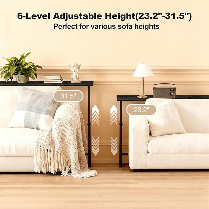Faesun 70.9 Inch Behind Couch Table, 24"-32" Adjustable Height Range, Behind The Couch Table with Outlet, Adjustable Console Table, Narrow Long Sofa Table, for Living Room, Black
