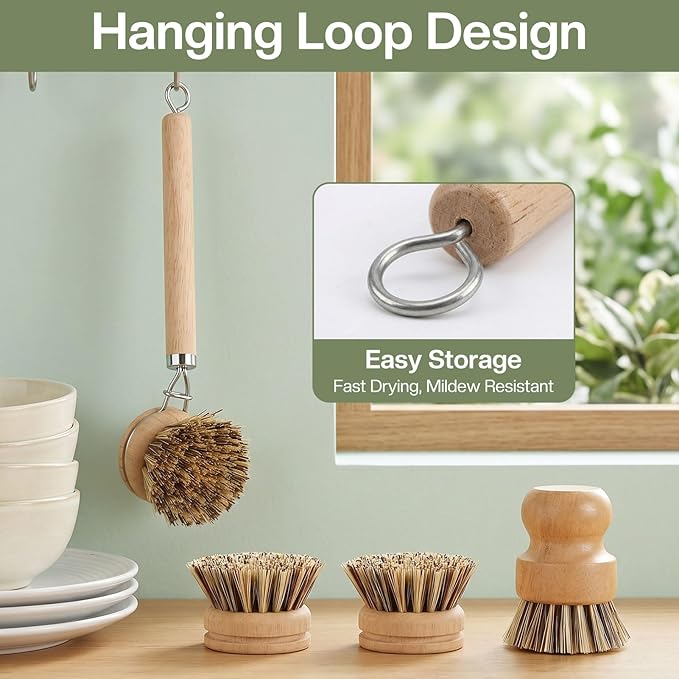 5 Pcs Bamboo Wood Dish Brush Set Includes 1 Wooden Handle with 3 Natural Replaceable Bristle Heads and 1 Handheld Bamboo Wok Brush Scrubber for Dishes Pans Pots Fruit and Veggie Washing(Style C)