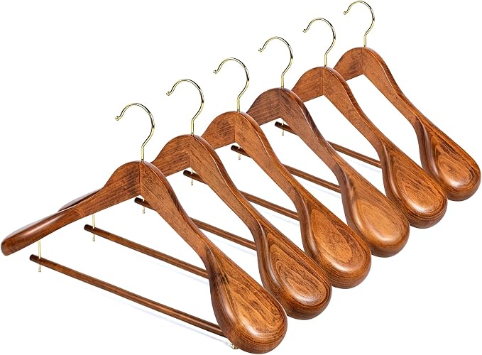 Amber Home 6 Pack Wide Shoulder Vintage Wooden Suit Hangers, Antique Wood Coat Hangers with Non Slip Pants Bar, Clothes Hangers for Jackets, Sweaters, Pants & Heavy Clothes (Vintage)