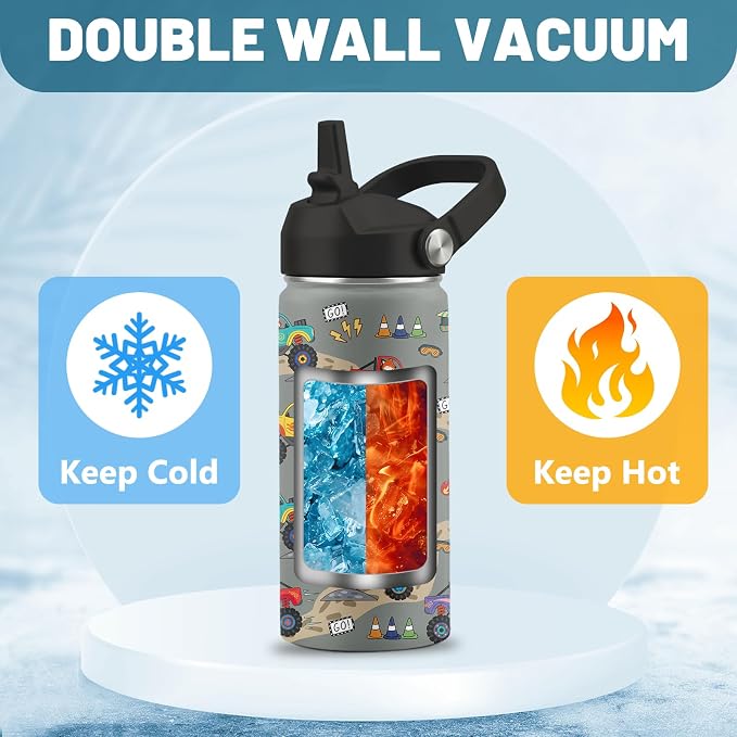 16 oz Water Bottle with Straw Lid, 2 Pack Set, Truck Dinosaur Gifts for Boys Girls, Stainless Steel Insulated Water Bottles for School Travel Outdoor Sports, Truck Dinosaur Cup Birthday Gifts