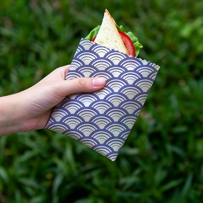 Reusable Beeswax Wraps, 9 Pack Sandwich Bowl Bread Food Storage, Organic Sustainable Zero Waste Plastic-Free, 1XL, 3M, 5S, Indigo Blue Floral Wave and Leaf Patterns