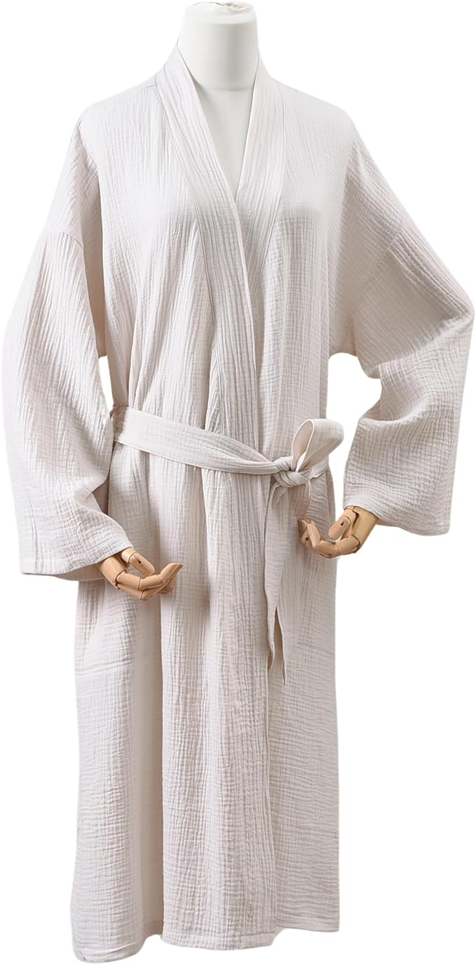 Women's Organic Cotton Bathrobe Long Sleeve Nightgowns Lightweight Waist-Tie Bath Robe for Home Spa Muslin Cotton Beach Wear